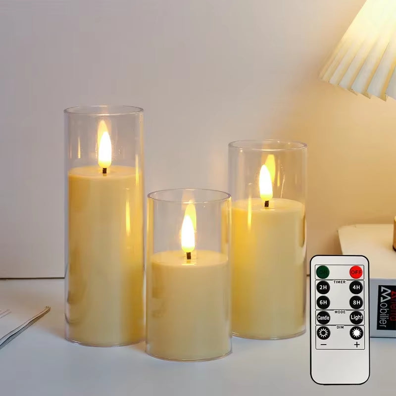 Led Electronic Candles Light Flameless Remote Timer Flickering Lamp Clear Acrylic Glass Battery Powered Wedding Party Christmas