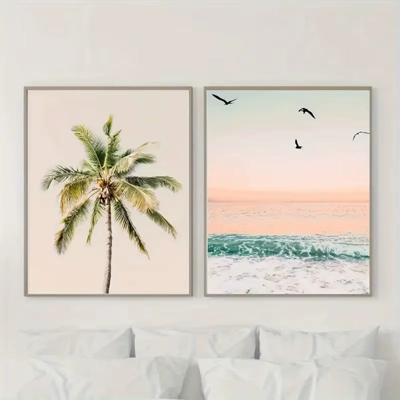 Tropical Pastel Beach Canvas Print Coastal Palm Trees Ocean Waves Wall Art Poster for Modern Living Room Farmhouse Home Decor