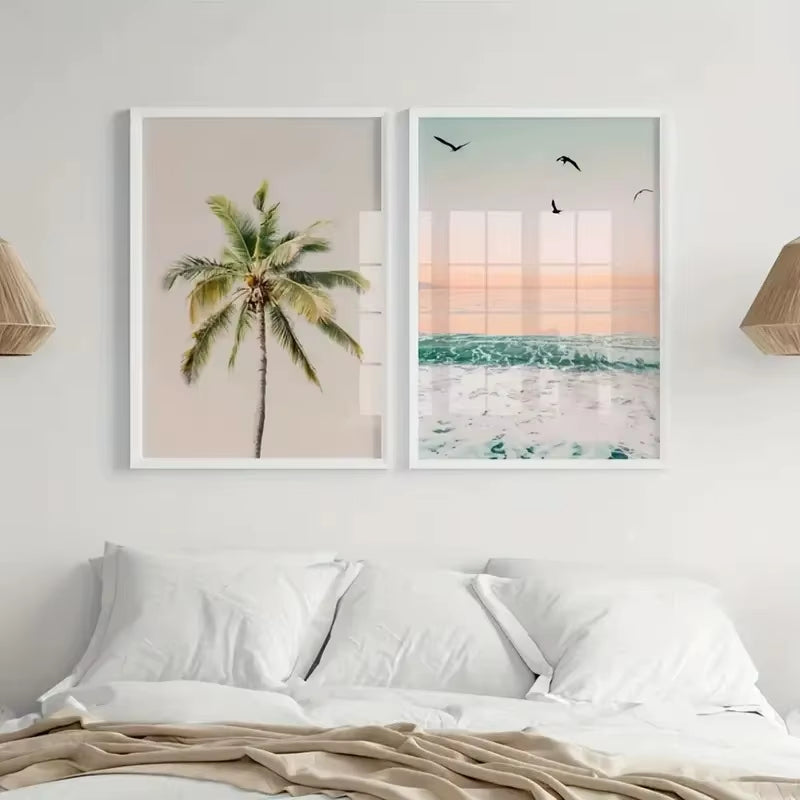 Tropical Pastel Beach Canvas Print Coastal Palm Trees Ocean Waves Wall Art Poster for Modern Living Room Farmhouse Home Decor