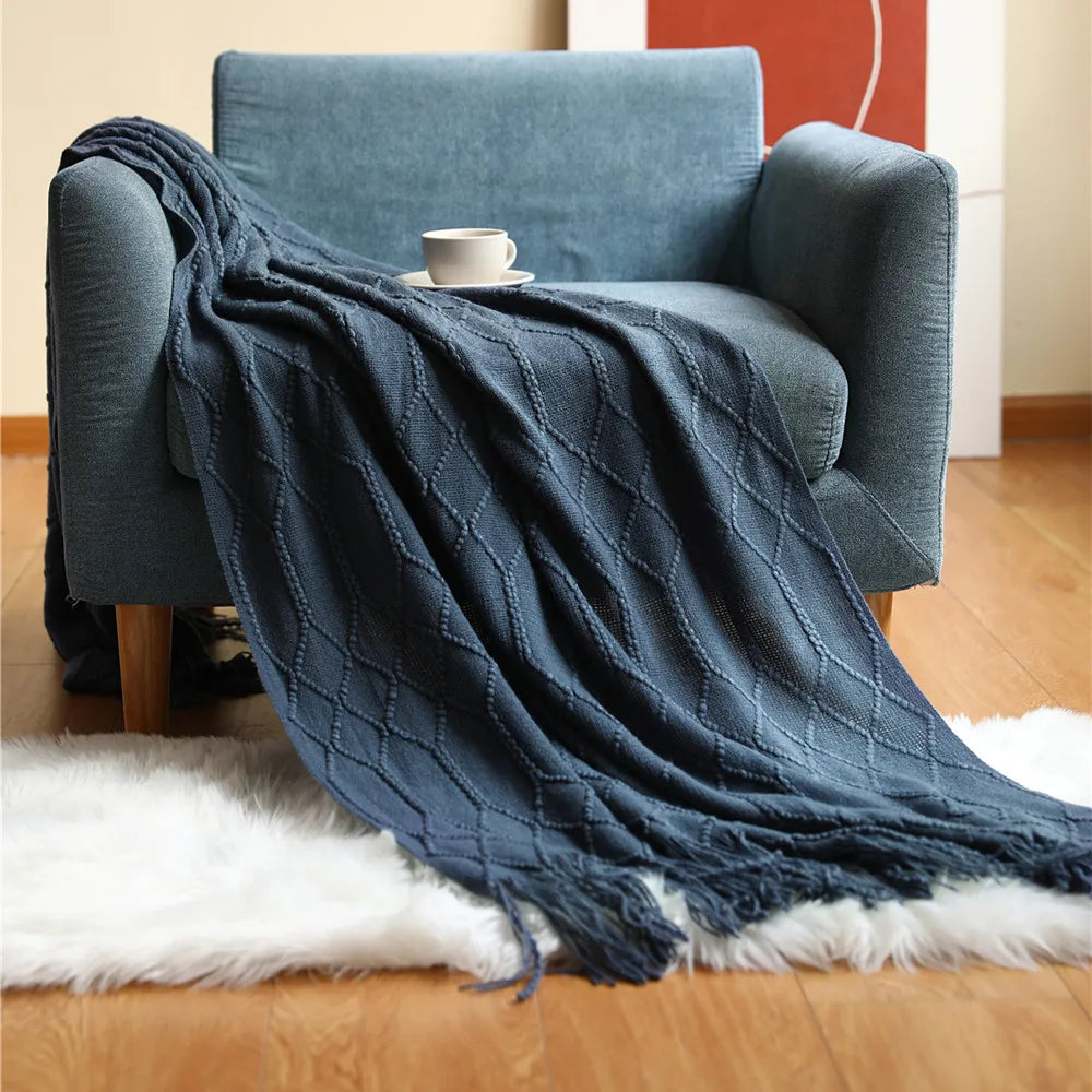 Luxury Khaki Knitted Tassel Throw Farmhouse Blanket