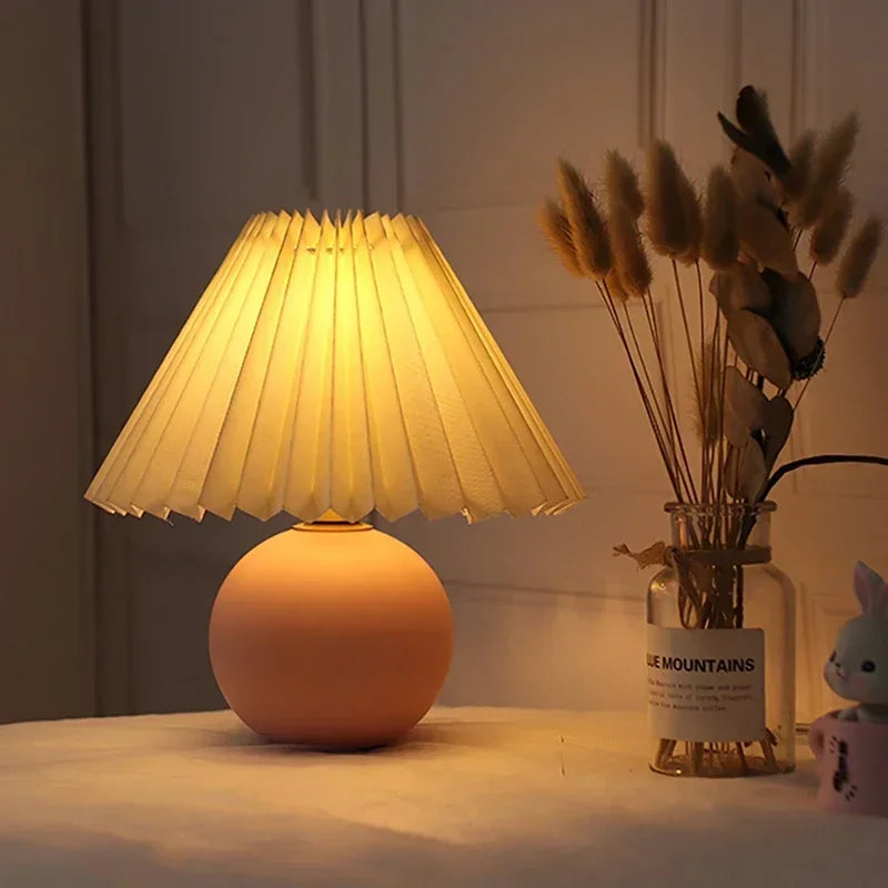 Nordic ceramic table lamp with pleated shade and rattan base