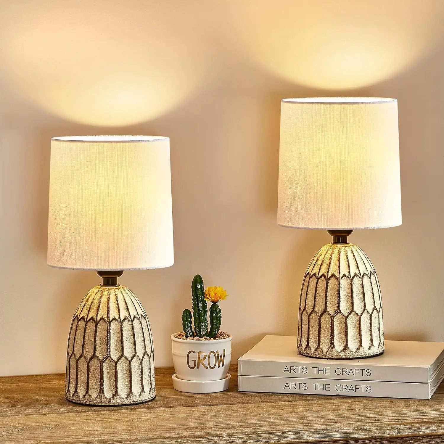 Two hand-painted 13.5" boho farmhouse ceramic lamps for any room