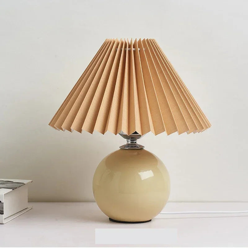 Nordic ceramic table lamp with pleated shade and rattan base