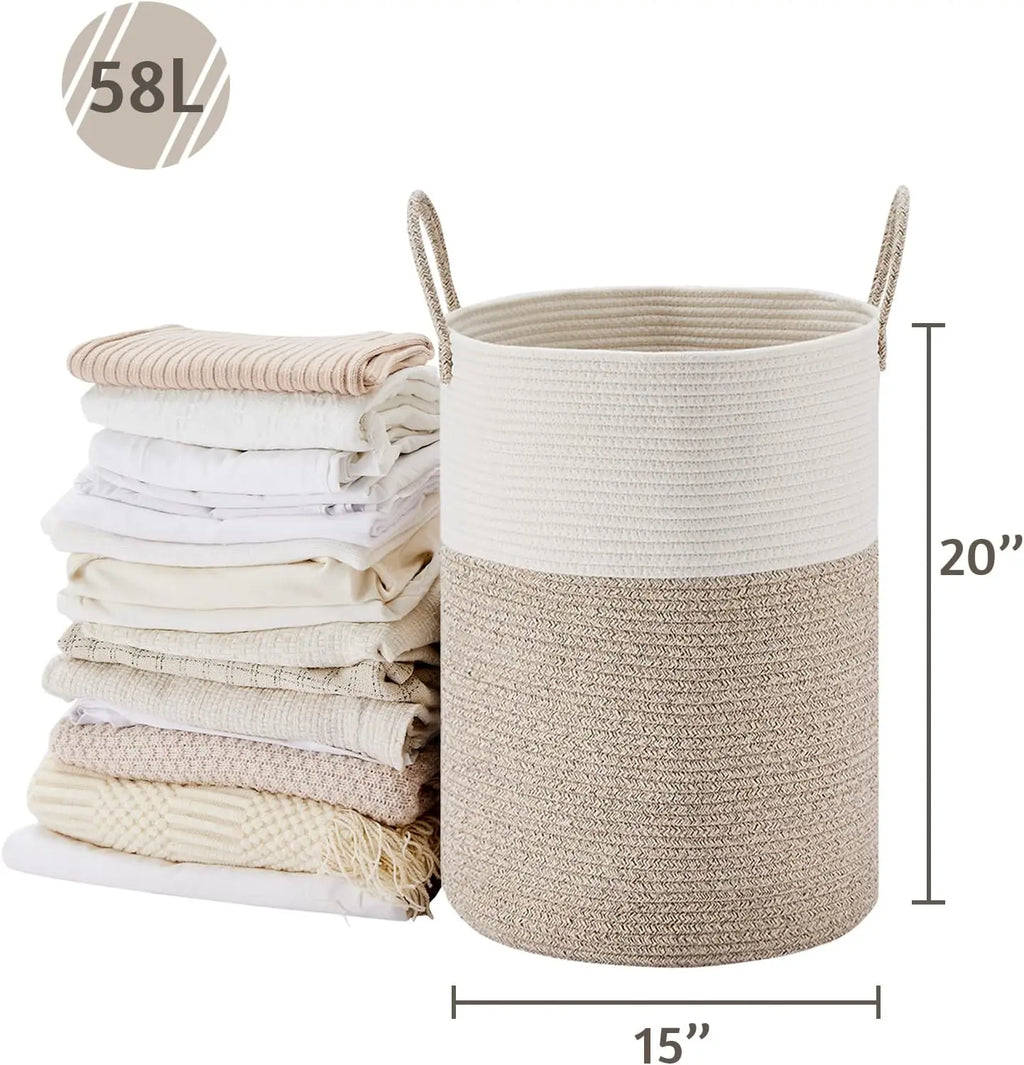 Woven Laundry Hamper Storage Basket (58L, White & Brown)