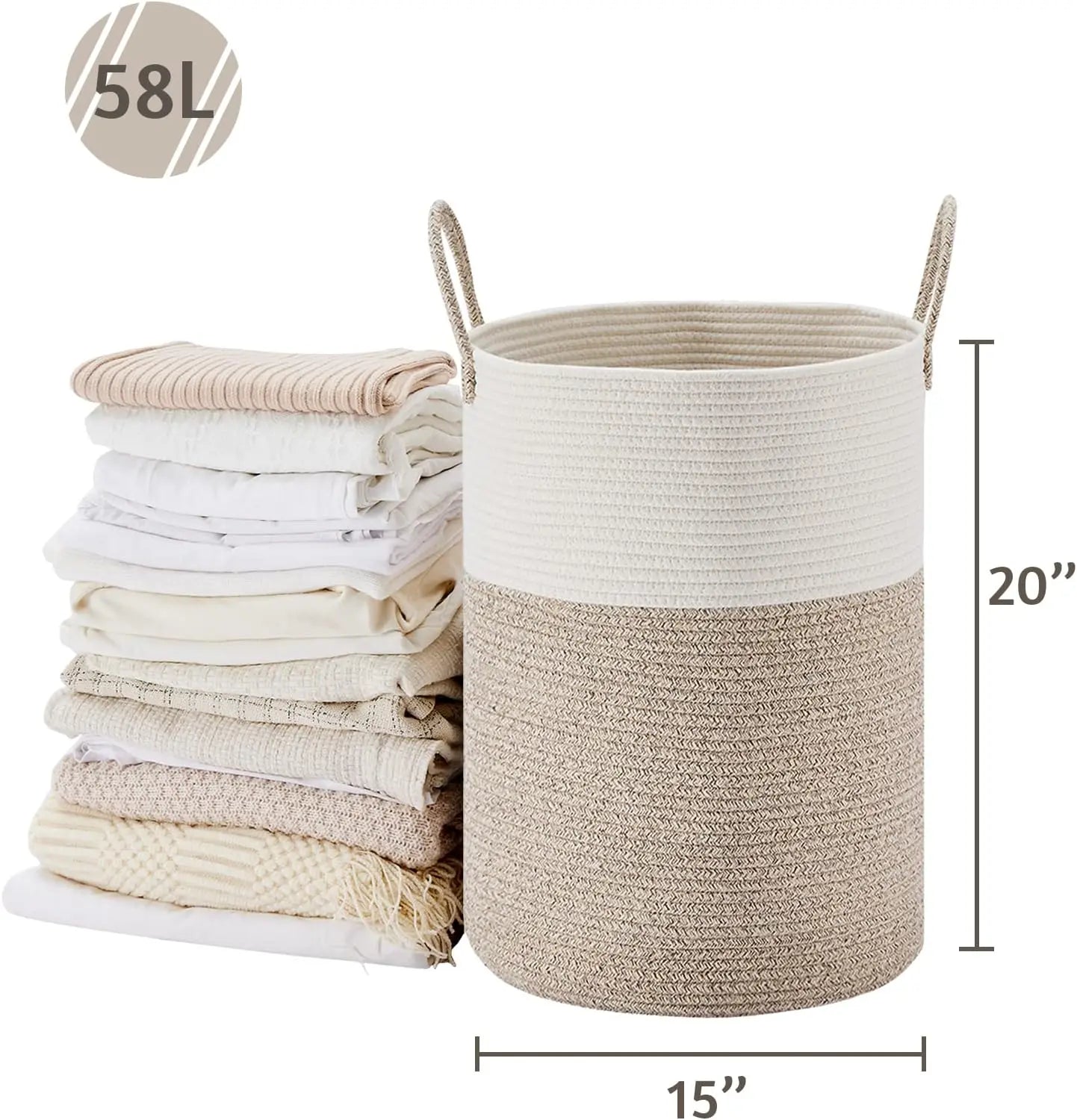 Large Woven Laundry Hamper, 58L Storage Basket for Blankets, Toys & Clothes in Living Room, Bedroom - White & Brown