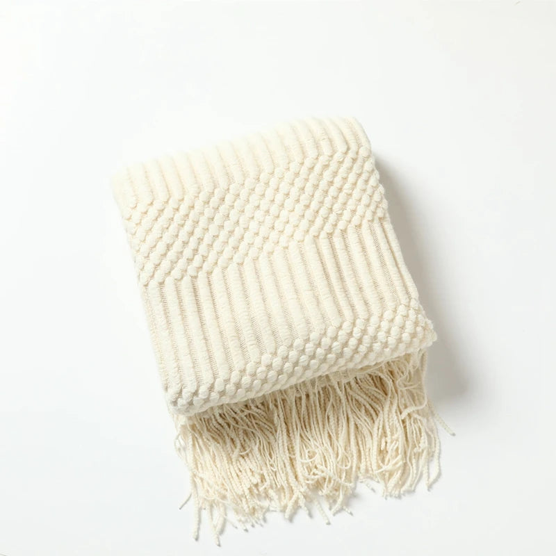 Luxury Khaki Knitted Tassel Throw Farmhouse Blanket