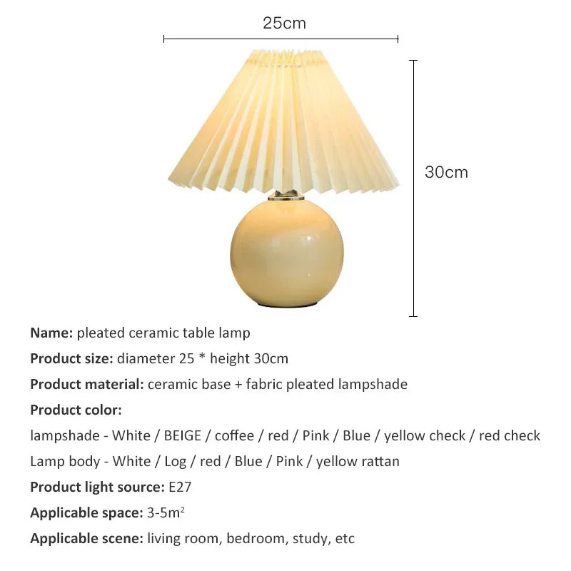 Nordic ceramic table lamp with pleated shade and rattan base