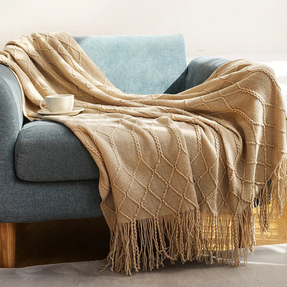 Luxury Khaki Knitted Tassel Throw Farmhouse Blanket