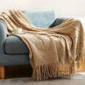 Luxury Khaki Knitted Tassel Throw Farmhouse Blanket