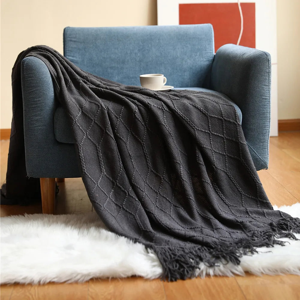 Luxury Khaki Knitted Tassel Throw Farmhouse Blanket