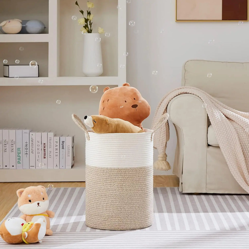 Woven Laundry Hamper Storage Basket (58L, White & Brown)