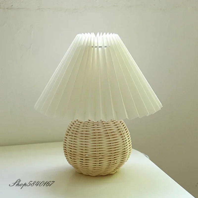 Nordic ceramic table lamp with pleated shade and rattan base