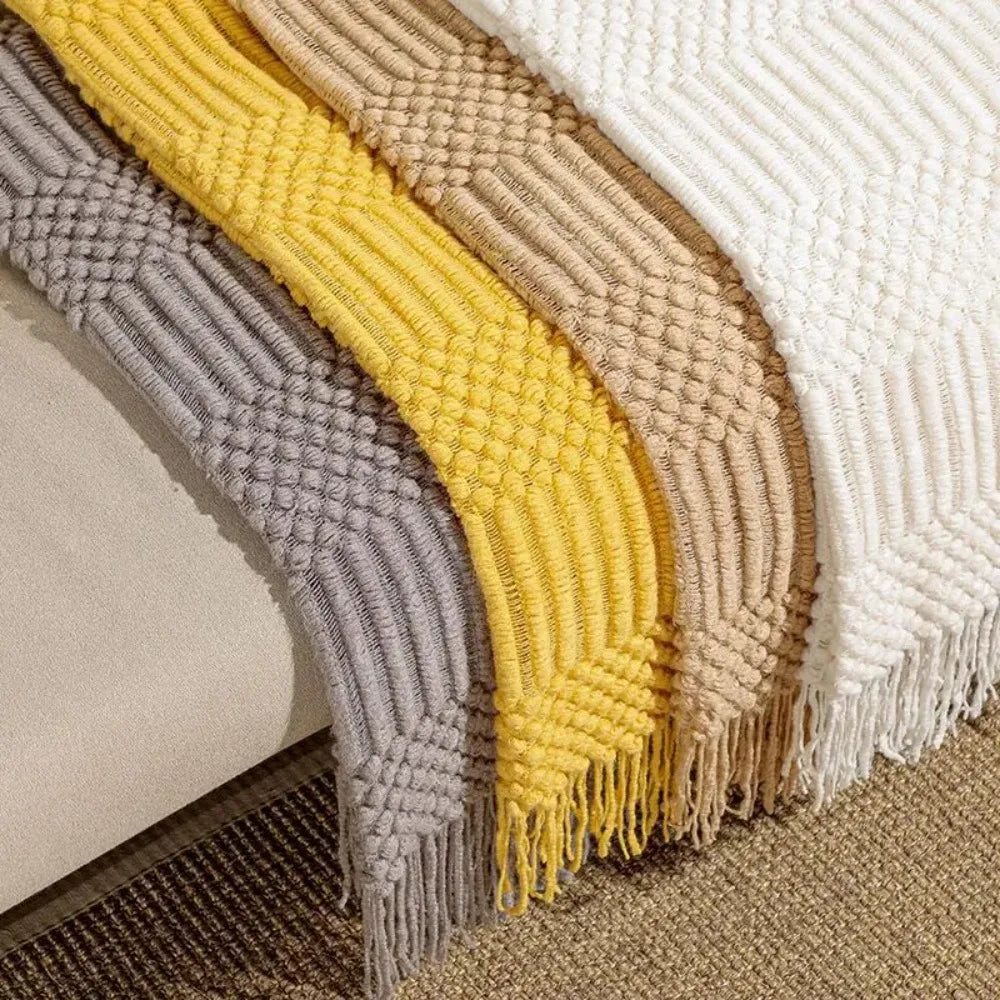 Luxury Khaki Knitted Tassel Throw Farmhouse Blanket