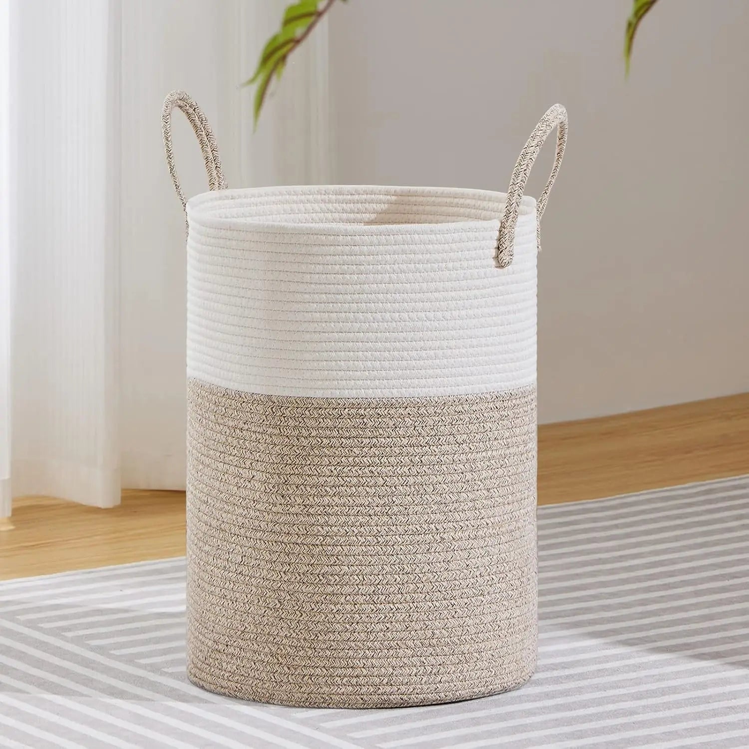 Large Woven Laundry Hamper, 58L Storage Basket for Blankets, Toys & Clothes in Living Room, Bedroom - White & Brown