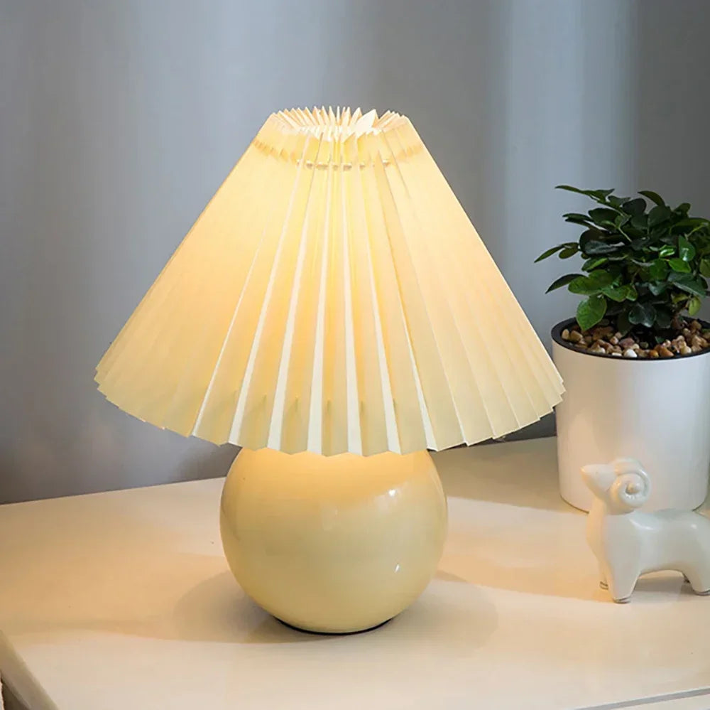 Nordic ceramic table lamp with pleated shade and rattan base