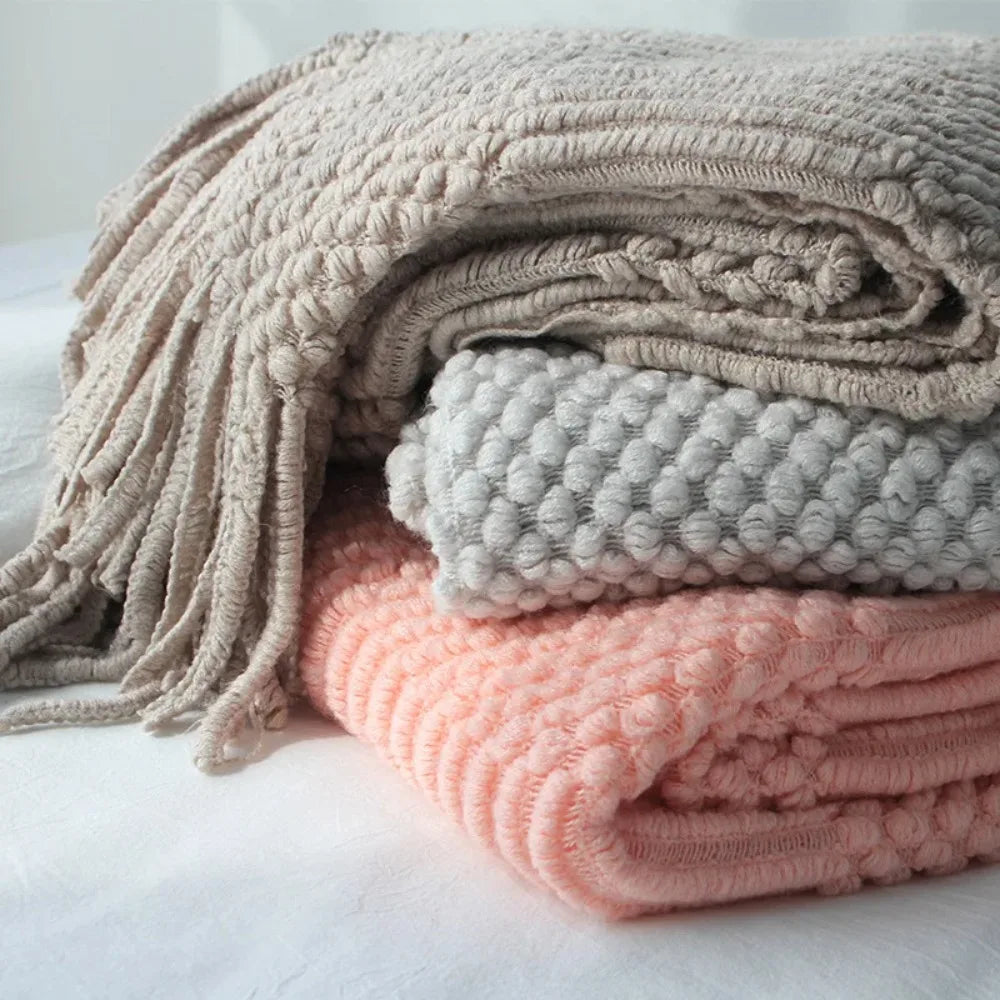 Luxury Khaki Knitted Tassel Throw Farmhouse Blanket
