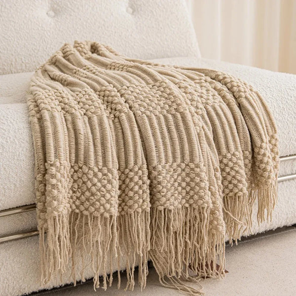 Luxury Khaki Knitted Tassel Throw Farmhouse Blanket