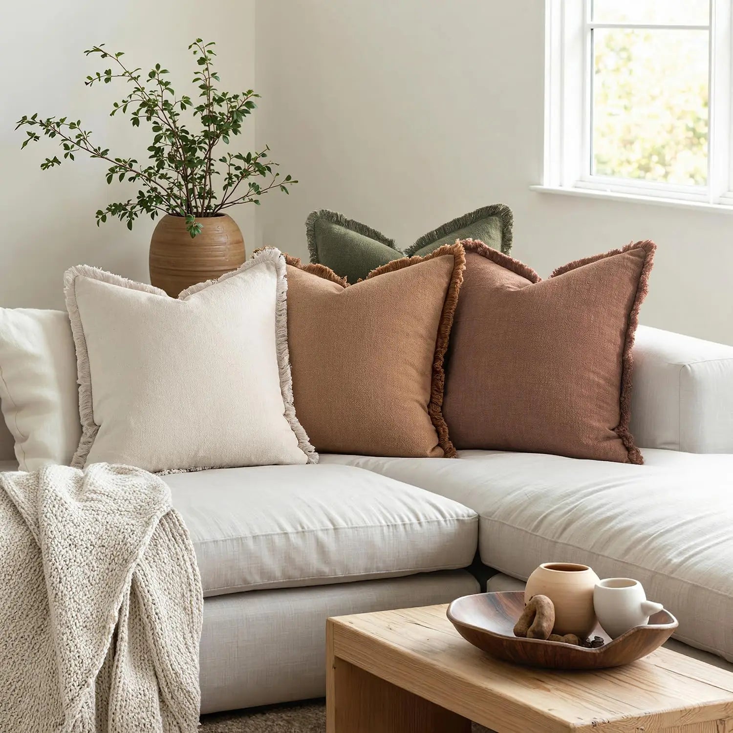 Set of 4 Neutral Linen Fringe Throw Pillows, Soft Rustic Cushions for Sofa Living Room Decor, Beige/Brown/Green