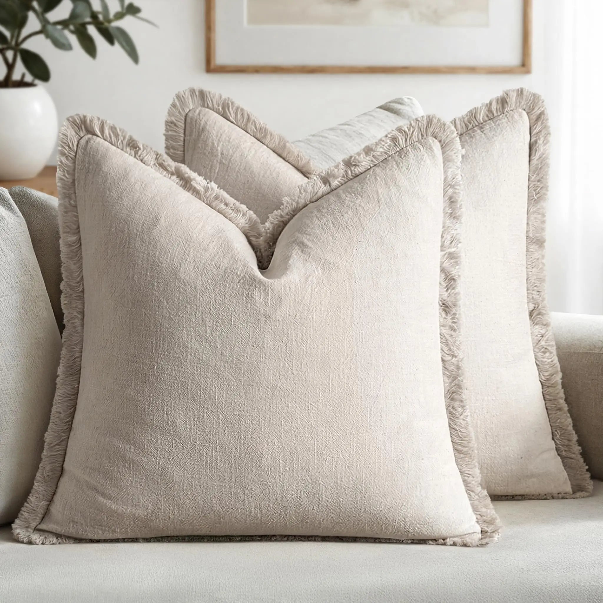 Decorative Couch Pillow Covers Neutral Linen Fringe Throw Pillows Boho Accent Sofa Living Room 1pc