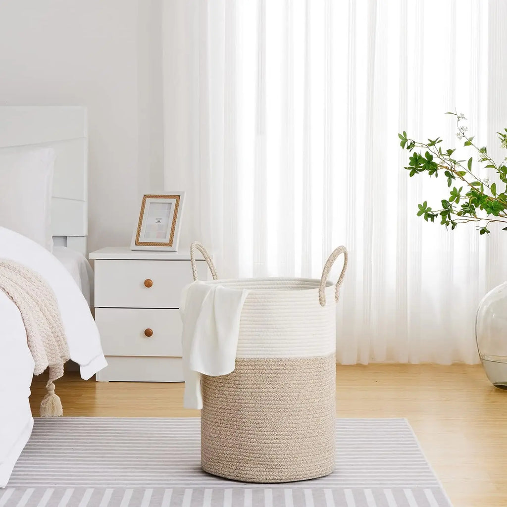 Woven Laundry Hamper Storage Basket (58L, White & Brown)