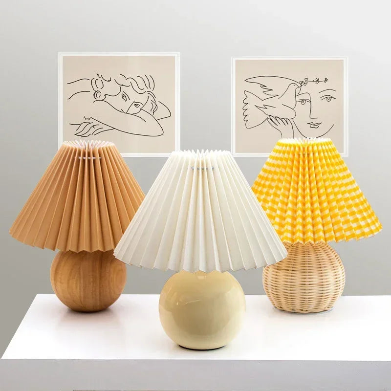 Nordic ceramic table lamp with pleated shade and rattan base