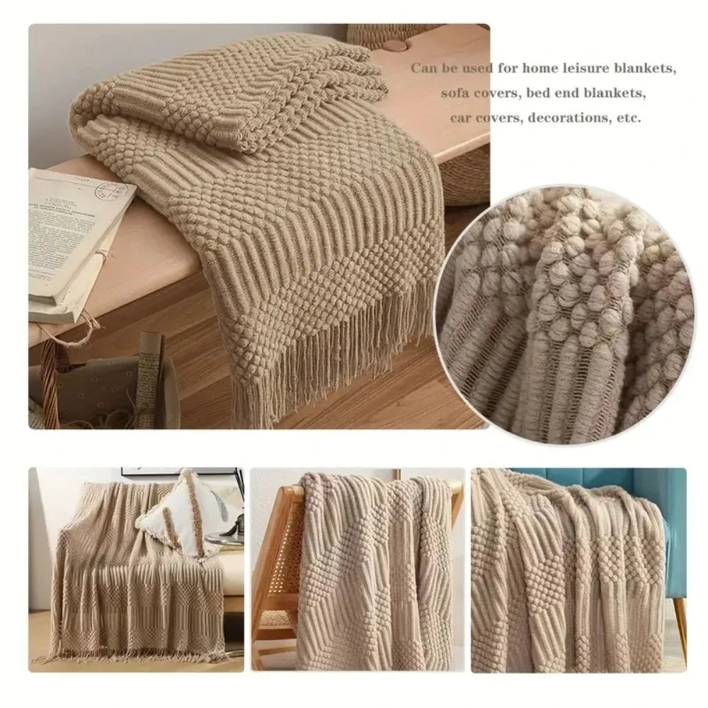 Luxury Khaki Knitted Tassel Throw Farmhouse Blanket
