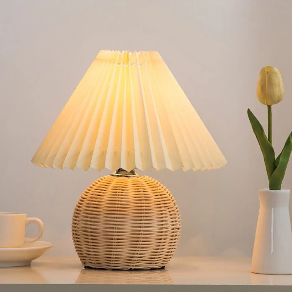 Nordic ceramic table lamp with pleated shade and rattan base