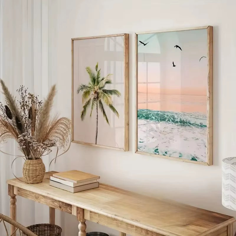 Tropical Pastel Beach Canvas Print Coastal Palm Trees Ocean Waves Wall Art Poster for Modern Living Room Farmhouse Home Decor