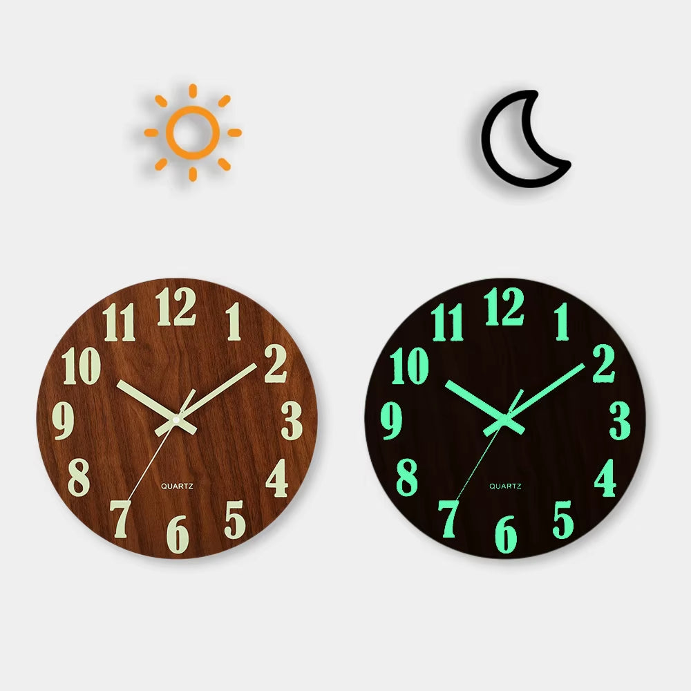12 Inch Luminous Wall Clock Wood Silent Light in Dark Night Nordic Fashion Wall Clock Non Ticking Clock with Night Light